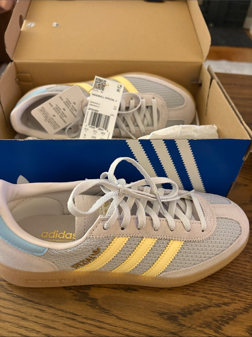 adidas Handball Spezial in Light Gray and yellow stripes with blue heel